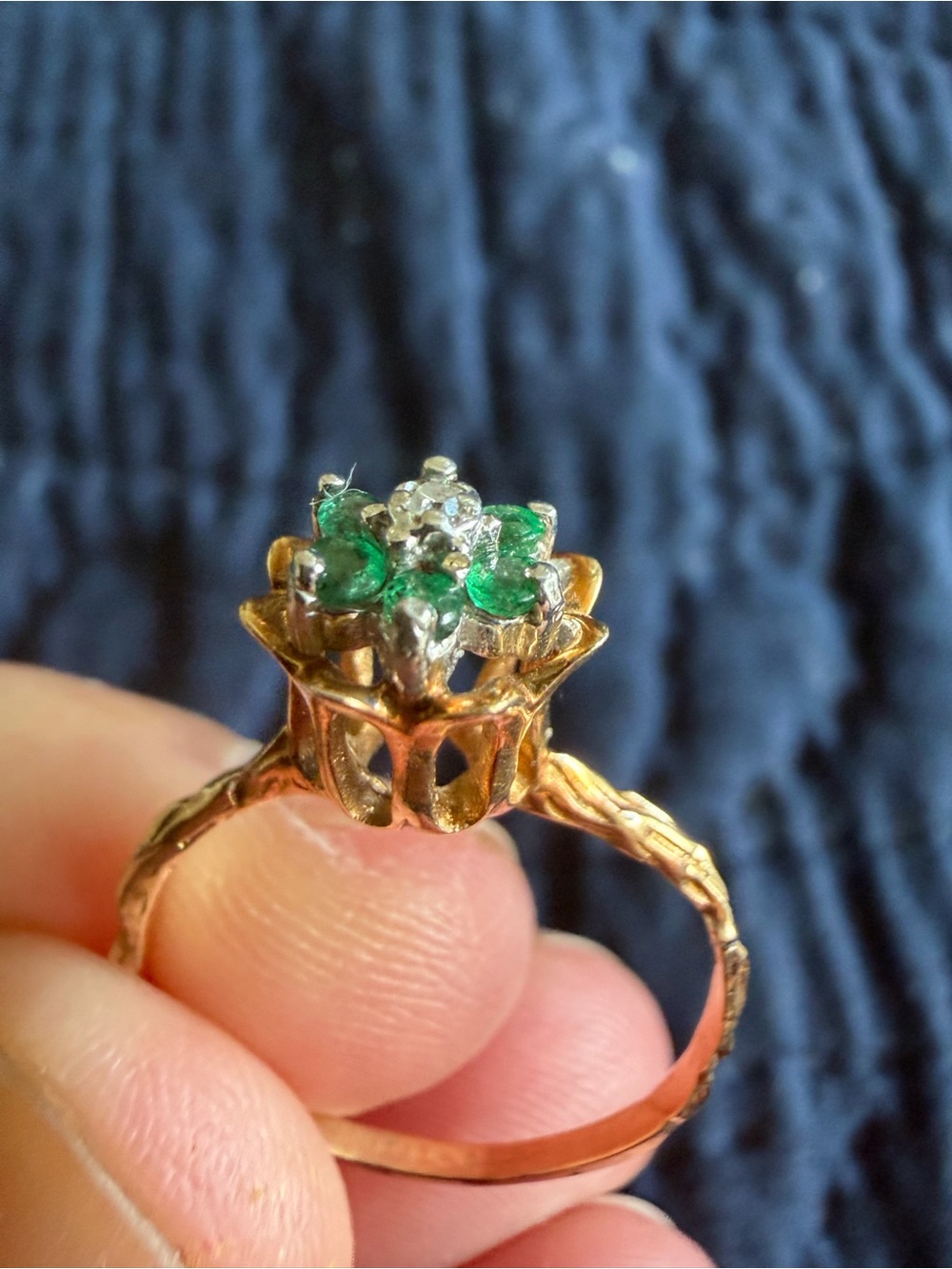Gold Floral Emerald & Diamond Cluster Ring - Green Stones